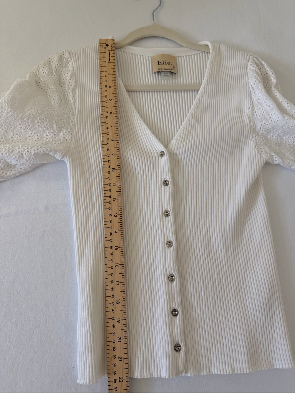 Women's Cream V-Neck Button Front Knit Top with Eyelet Puff Sleeves - Picture 6 of 10